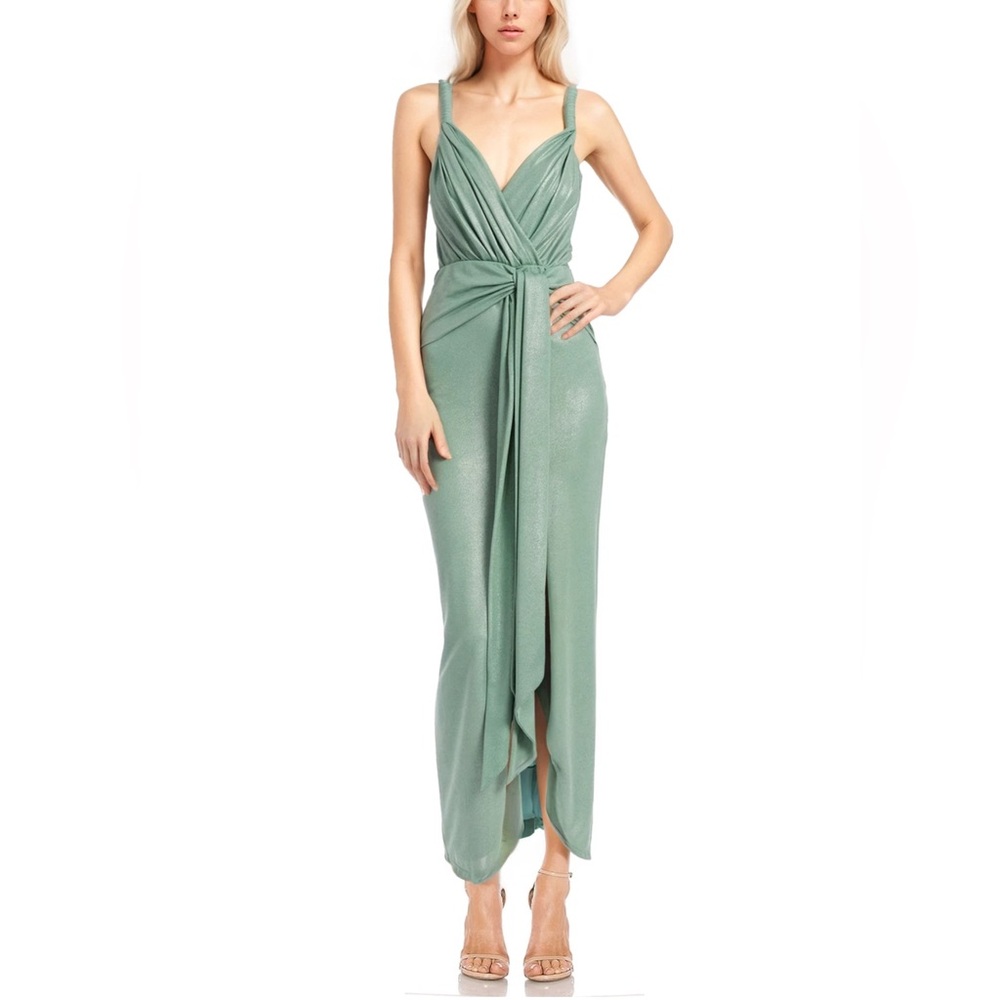 Jewel Badgley Mischka Metallic Jersey Twist-Shoulder Gown with Tie SEAFOAM Sz12